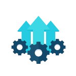 Icon of gears with upward arrows symbolizing increased machine utilization in agriculture-focused operations.